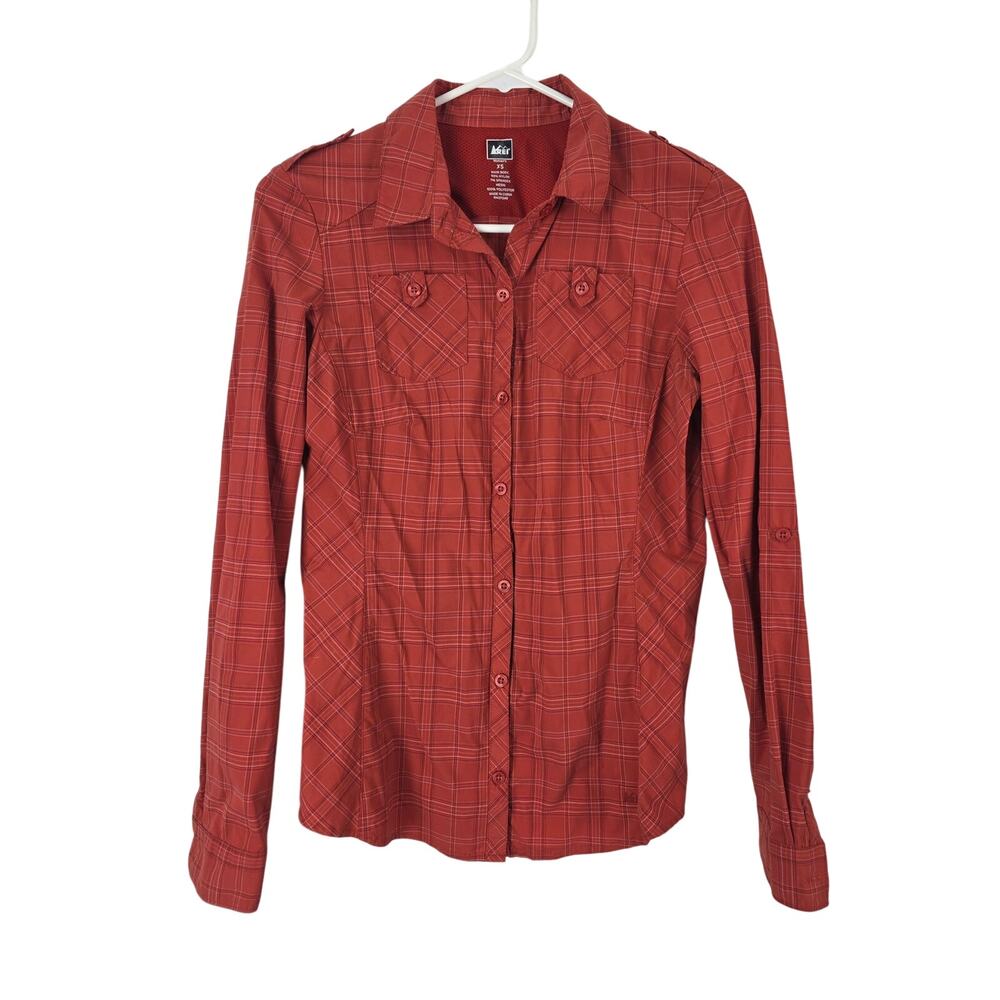 REI Button‎ Front Outdoor Top XS Womens Hiking Trails Camping Orange Long Sleeve